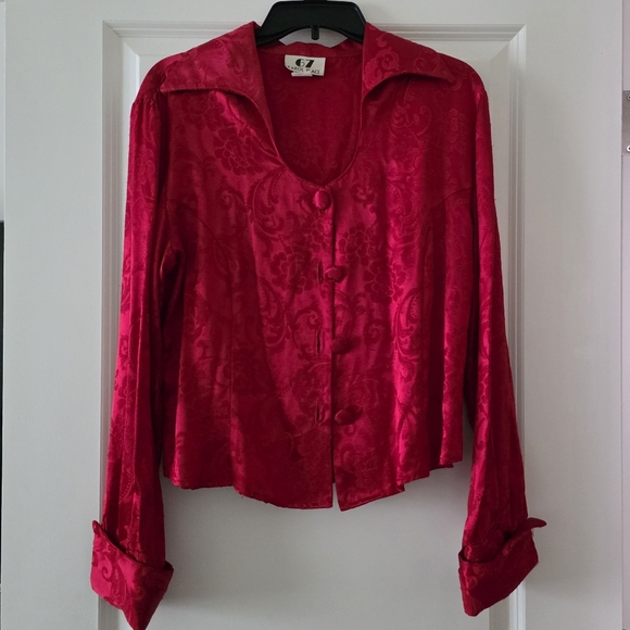 Vintage 80s 90s Satin Red Blouse Womens L "67 Carols Place" - Picture 1 of 14